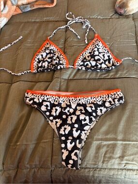 Black and White Animal Print Bikini with Orange Trim